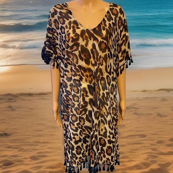 Y2K Lildy Brown Women L-XL Animal Print Fringe Silky CoverUp Top Blouse MeshBoho - Picture 1 of 7